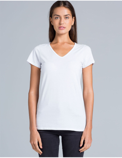 The AS Colour Bevel V-Neck Tee is a 150gsm, 100% cotton v-neck womens tee.  In White, Grey Marle & Black.  Sizes XS - XL.  Great printed womens v-neck tees.