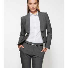 The Biz Corporates Womens Cropped Jacket is a textured yarn dyed stretch jacket made of 63% Polyester, 33% Viscose and 4% Elastane. Available in 3 colours. Sizes 4-26.