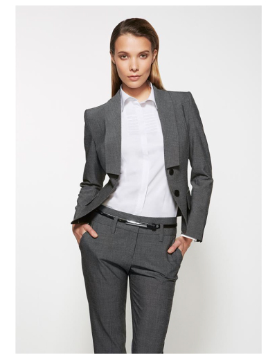 The Biz Corporates Womens Cropped Jacket is a textured yarn dyed stretch jacket made of 63% Polyester, 33% Viscose and 4% Elastane. Available in 3 colours. Sizes 4-26.