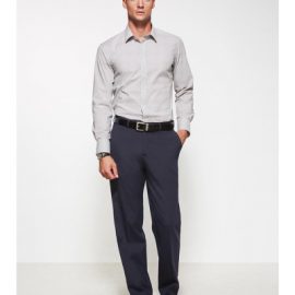 The Biz Corporates Men Flat Front Pant Regular is a wool blend made of 55% Polyester, 43% Wool, 2% Elastane Available in 3 colours. Sizes 77R-122R.