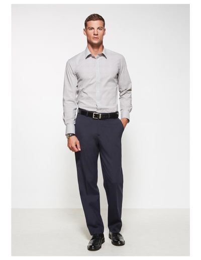 The Biz Corporates Men Flat Front Pant Regular is a wool blend made of 55% Polyester, 43% Wool, 2% Elastane Available in 3 colours. Sizes 77R-122R.