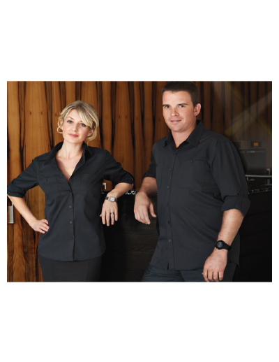 The Unlimited Editions Mens Soho Shirt is a 60% cotton business shirt.  Roll up tab sleeves.  Black.  Great branded work shirts from C-Force Textiles.