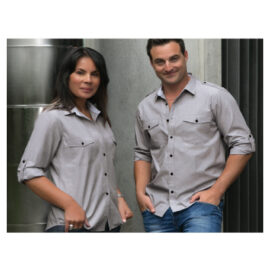 The Unlimited Editions Mens Midtown Shirt is made from 100% Premium Cotton.  Has 2 chest pockets and roll up tab sleeves.  Grey.  Great work shirts.