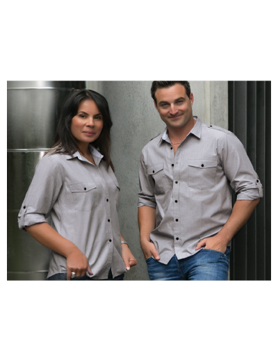 The Unlimited Editions Mens Midtown Shirt is made from 100% Premium Cotton.  Has 2 chest pockets and roll up tab sleeves.  Grey.  Great work shirts.