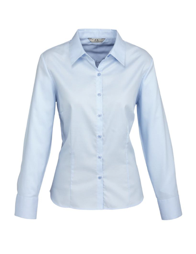 The Biz Collection Ladies Luxe Long Sleeve Shirt is 100% cotton mini herringbone fabric. A semi-fitted shirt.  Available in Blue & White. Sizes 6-24.