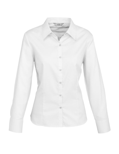 The Biz Collection Ladies Luxe Long Sleeve Shirt is 100% cotton mini herringbone fabric. A semi-fitted shirt.  Available in Blue & White. Sizes 6-24.