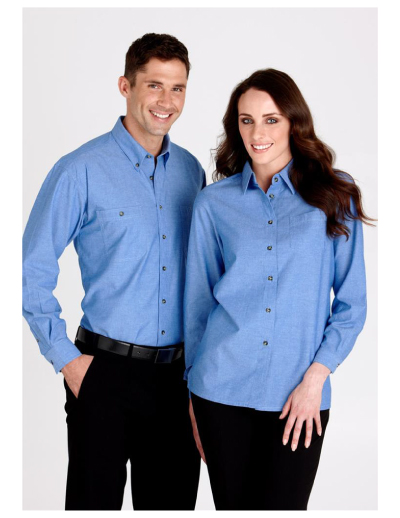 The Biz Collection Ladies Wrinkle Free Chambray Long Sleeve Shirt is a 100% cotton, easy fit, easy iron shirt.  Great work shirts from Biz Collection.