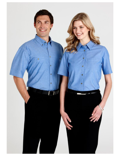 The Biz Collection Ladies Wrinkle Free Chambray Short Sleeve Shirt is an easy iron, easy fit shirt.  Chambray Blue.  Great work shirts from Biz Collection.