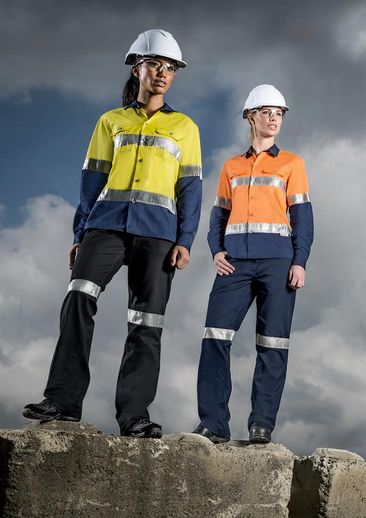 The Syzmik Womens Taped Utility Pant is a 280gsm midweight cotton drill pant with retroreflective tape.  Navy or Black.  Great Syzmik workwear.