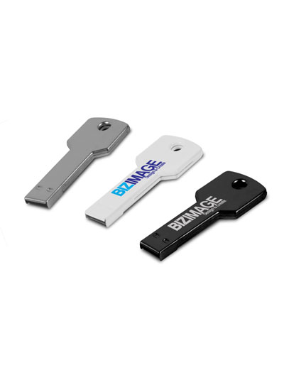 The Trends Collection Flash Key USB 4GB Drive is a key shaped flash drive with 4gb of memory.  In Silver, White & Black.  Great branded promo product.