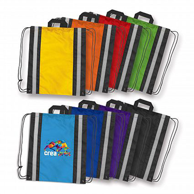 The Trends Collection Reflecta Drawstring Back Pack has a safety reflective tape on back and carry  handle.  210D polyester.  Available in 8 colours.  Branded bags.