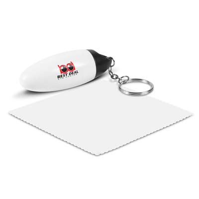 The Trends Micro Key Ring is a capsule that contains a microfibre cleaning cloth.  White/Black.  Branding on the key ring.  Great branded promo product.