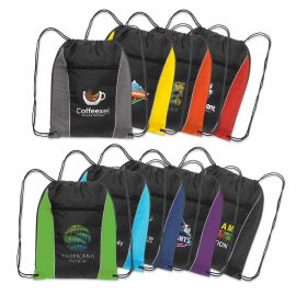 The Trends Collection Ranger Drawstring Back Pack has a zip pocket.  210D polyester.  Reinforced eyelets.  Available in 9 colours.  Great branded bag.