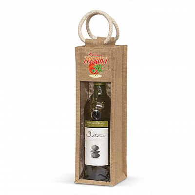 The Trends Collection Serena Jute Wine Carrier is a single bottle, laminated jute wine bag with unbleached cotton handles.  Great branded wine bags.