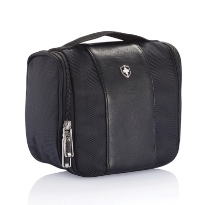 The Trends Collection Swiss Peak Toilet Bag is a great travel toilet bag with compartments.  In Black.  Great branded toilet bag and travel corporate gift.