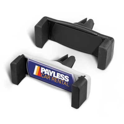 The Trends Transit Car Phone Holder is a spring loaded phone holder.  In Black or White.  Great branded phone holders & travel promotional products.