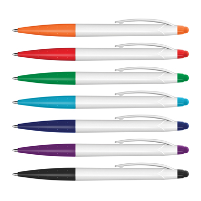 The TRENDS Spark Stylus Pen White Barrel is a twist action plastic ball pen with stylus.  7 colours.  Great branded pen options from TRENDS.