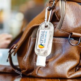 The Trends Carabiner Hand Sanitiser is a gel hand sanitizer in convenient tube with flip cap & clip.  Clear.  Great branded sanitisers & health promo products.