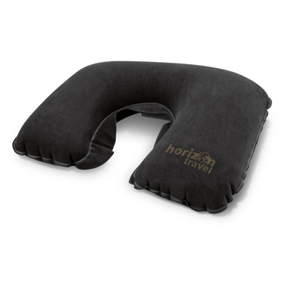 The TRENDS Comfort Neck Pillow is an inflatable neck pillow with soft touch velvet finish.  Black.  Great travel promo product.