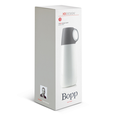The Trends Collection Bopp Hot Flask is a 600ml double wall, vacuum insulated stainless steel flask.  White or Black.  Great branded drink flasks.