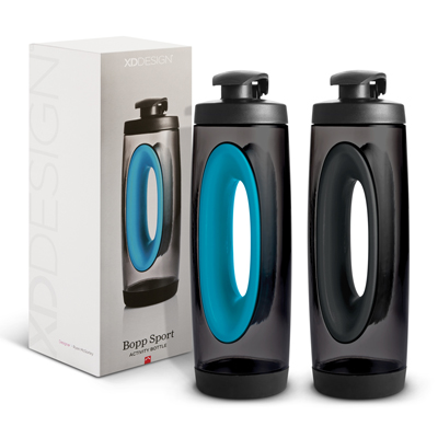 The Trends Bopp Sport Activity Bottle is a futuristic translucent water bottle. Blue or Black. Great branded sports water bottles.