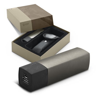 The Trends Collection Swiss Peak Power Bank recharges in 5 - 6 hours.  Print or engraving.  Black/Grey.  Great branded premium corporate gifts for clients.