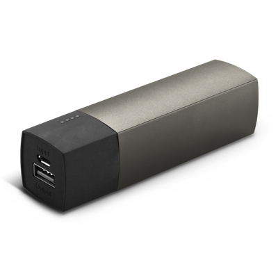 The Trends Collection Swiss Peak Power Bank recharges in 5 - 6 hours.  Print or engraving.  Black/Grey.  Great branded premium corporate gifts for clients.