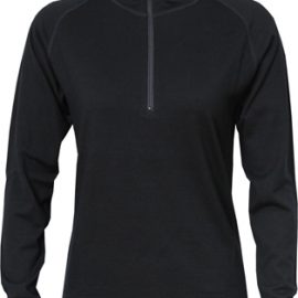 The Aurora Womens Half Zip Merino is made from heavyweight pure merino.  Quick drying, breathable & eco friendly.  In Black.  Great branded merino tops.