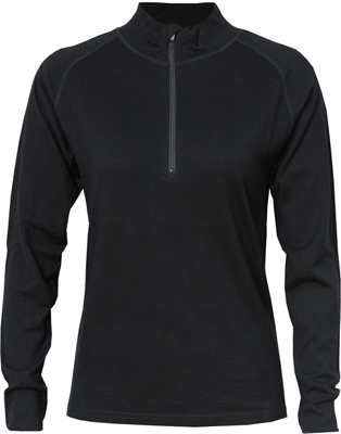 The Aurora Womens Half Zip Merino is made from heavyweight pure merino. Quick drying, breathable & eco friendly. In Black. Great branded merino tops.