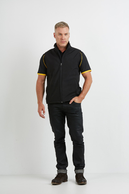The Aurora Mens 3k Softshell Vest is a water resistant, breathable, wind blocking vest.  In Black or Navy.  Sizes S - 5XL.  Available in Black.  Great branded vests.