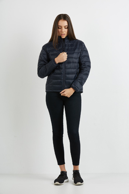 The Aurora Womens Ultralite Puffer Jacket used 100% recycled synthetic down.  Available in Black & Navy.  Sizes 10 - 16.  Great warm branded winter apparel.