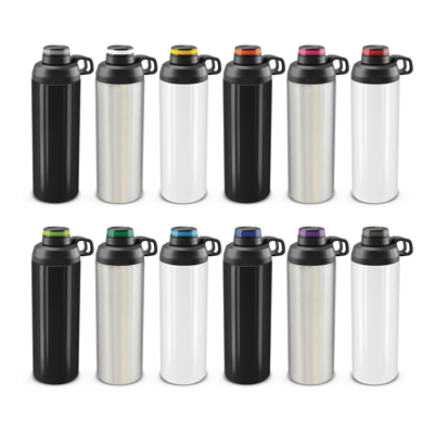 The TRENDS Primo Metal Bottle is a large 900ml stainless steel drink bottle with screw on lid.  Contrasting silicone bands available.