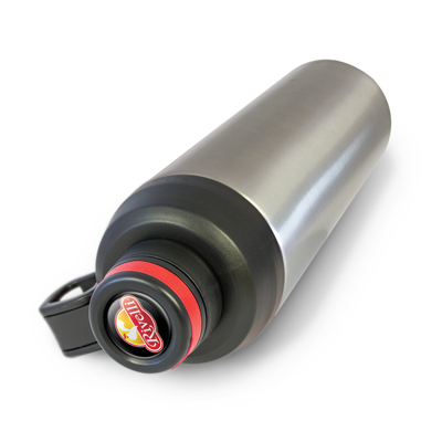 The TRENDS Primo Metal Bottle is a large 900ml stainless steel drink bottle with screw on lid. Contrasting silicone bands available.