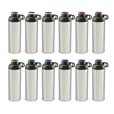 The TRENDS Primo Metal Bottle is a large 900ml stainless steel drink bottle with screw on lid. Contrasting silicone bands available.