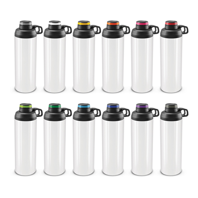 The TRENDS Primo Metal Bottle is a large 900ml stainless steel drink bottle with screw on lid. Contrasting silicone bands available.