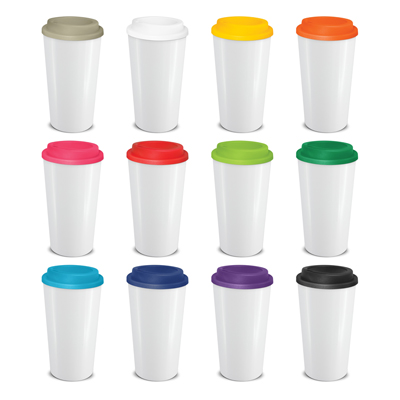 The Trends Collection Cafe Cup is a 480ml double wall reusable coffee cup with secure screw on lid. Mix n Match. 12 colours. Great reusable coffee cups.