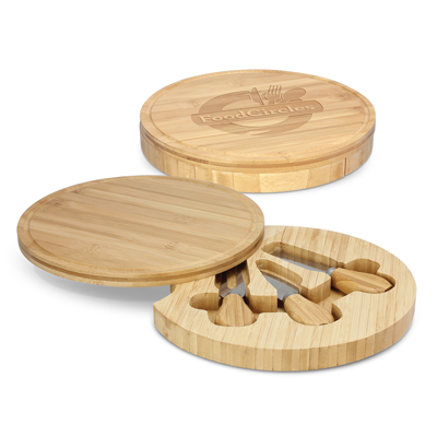 The Trends Collection Kensington Cheese Board is a taste bamboo cheese board with 2 knives and a cheese fork.  In Wood.  Laser Engraving available.  Great corporate gifts.