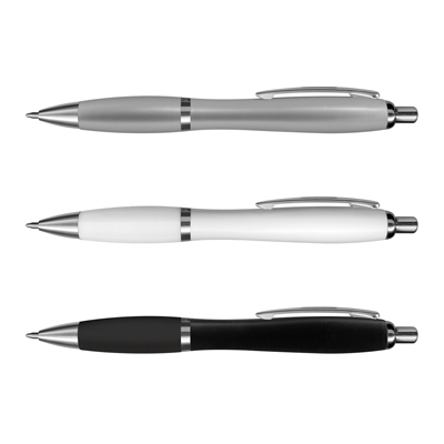 The TRENDS Vistro Pen Colour Match is a retractable plastic ball pen with shiny chrome trim.  Black Ink.  In Silver, White and Black. 