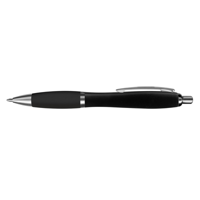 The TRENDS Vistro Pen Colour Match is a retractable plastic ball pen with shiny chrome trim.  Black Ink.  In Silver, White and Black. 