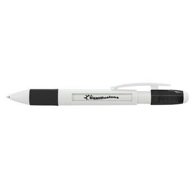 The TRENDS Vision Message Pen is a retractable plastic ball pen with white barrel.  Can have 6 different messages.  6 colours.