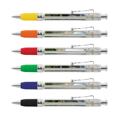 The TRENDS Pluto Banner Pen is a retractable plastic & metal pen with clear barrel.  Pull out banner.  6 colours.  Blue or Black Ink. 