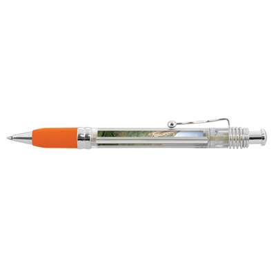 The TRENDS Pluto Banner Pen is a retractable plastic & metal pen with clear barrel.  Pull out banner.  6 colours.  Blue or Black Ink. 