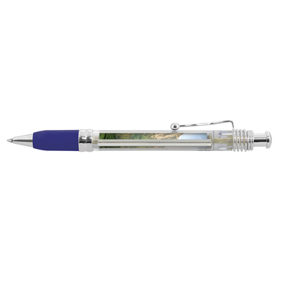 The TRENDS Pluto Banner Pen is a retractable plastic & metal pen with clear barrel.  Pull out banner.  6 colours.  Blue or Black Ink. 