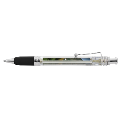 The TRENDS Pluto Banner Pen is a retractable plastic & metal pen with clear barrel.  Pull out banner.  6 colours.  Blue or Black Ink. 