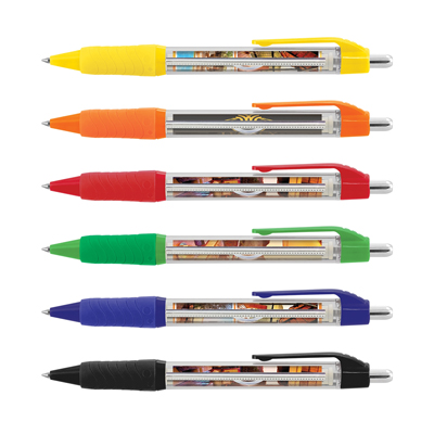 The TRENDS Aries Banner Pen is a retractable plastic ball pen with clear barrel and soft grip. Pull out Banner. Blue or Black Ink
