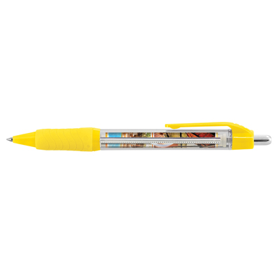 The TRENDS Aries Banner Pen is a retractable plastic ball pen with clear barrel and soft grip. Pull out Banner. Blue or Black Ink