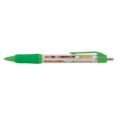 The TRENDS Aries Banner Pen is a retractable plastic ball pen with clear barrel and soft grip. Pull out Banner. Blue or Black Ink