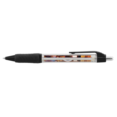 The TRENDS Aries Banner Pen is a retractable plastic ball pen with clear barrel and soft grip.  Pull out Banner.  Blue or Black Ink