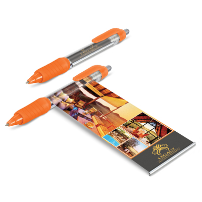 The TRENDS Aries Banner Pen is a retractable plastic ball pen with clear barrel and soft grip.  Pull out Banner.  Blue or Black Ink