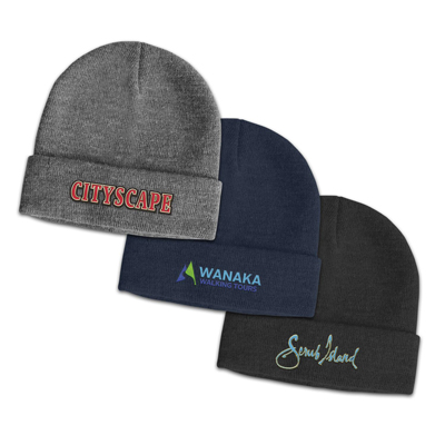 The Trends Cardrona Wool Blend Beanie is a luxury beanie with roll up cuff. Grey, Navy & Black. Great branded beanies & embroidered headwear.